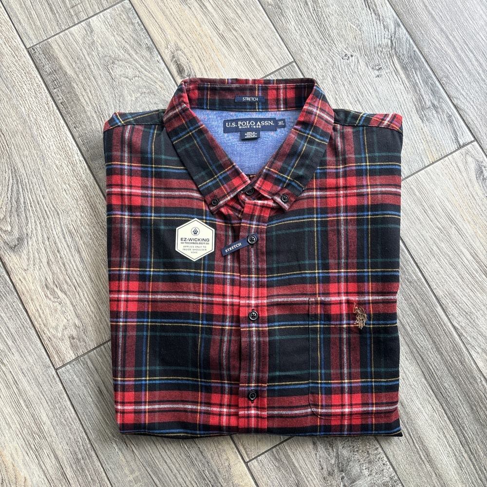U.S. Polo Assn. Men's 3XL Flannel Shirt Red Plaid Stretch EZ-Wicking Big & Tall